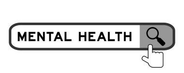 Search banner in word mental health with hand over magnifier icon on white background