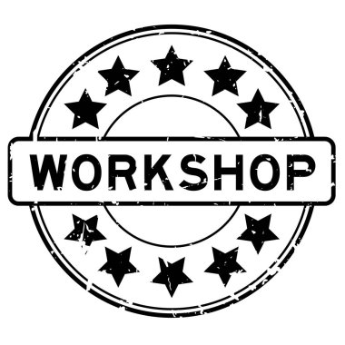 Grunge black workshop word with star icon round rubber seal stamp on white background