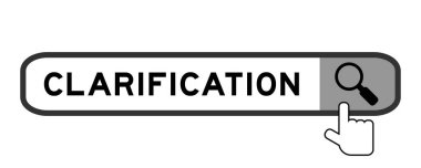 Search banner in word clarification with hand over magnifier icon on white background