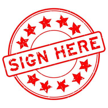 Grunge red sign here word with star icon round rubber seal stamp on white background