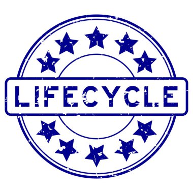 Beyaz arka planda yıldız simgesi yuvarlak lastik mühür damgalı Grunge mavi yaşam döngüsü kelimesi