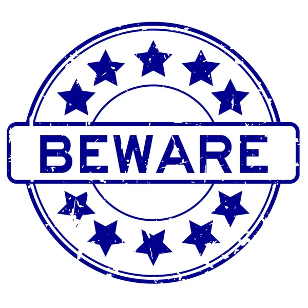 Grunge Blue Beware Word Star Icon Rubber Seal Stamp White — Vetor de Stock
