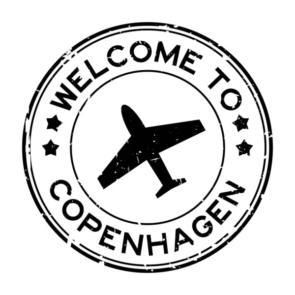 Grunge Svart Välkommen Till Köpenhamn Ord Med Plan Ikon Rund — Stock vektor