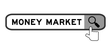 Beyaz arkaplanda büyüteç simgesi olan kelime para piyasasında arama paneli