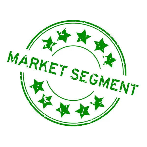 白の背景に星のアイコン丸ゴムシールスタンプと緑の市場セグメント単語 — ストックベクタ