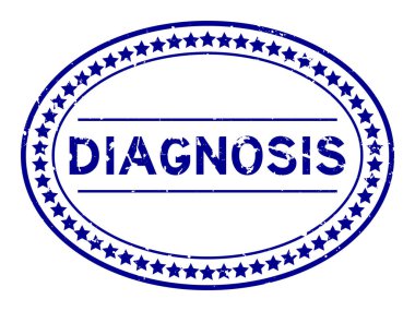 Grunge mavi tanı sözcüğü oval lastik mühür beyaz arka planda