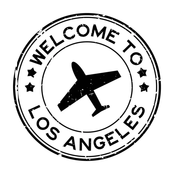Grunge Black Welcome Los Angeles Word Plane Icon Rubber Seal — Archivo Imágenes Vectoriales