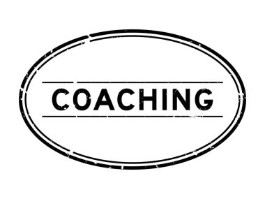 Grunge siyah koçluk sözcüğü oval lastik mühür beyaz arka planda