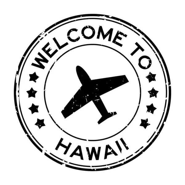 Grunge Noir Bienvenue Mot Hawaii Avec Icône Avion Rond Tampon — Image vectorielle