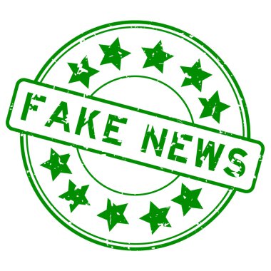 Beyaz arka planda yıldız simgesi yuvarlak lastik mühür damgalı Grunge yeşil sahte haber sözcüğü