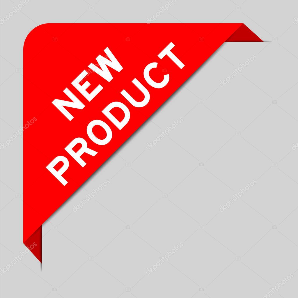 Red color of corner label banner with word new product on gray background