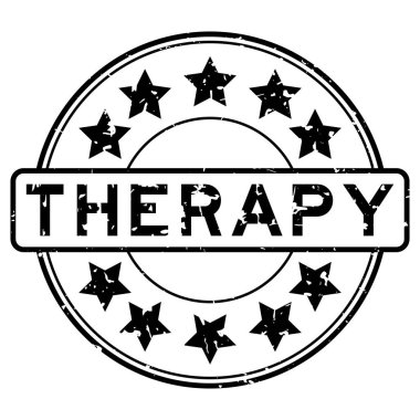 Beyaz arka planda yıldız simgesi yuvarlak lastik mühür damgalı Grunge siyah terapi kelimesi