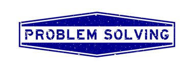 Grunge blue problem çözme kelime altıgen lastik mühür beyaz arka planda