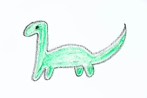 Зеленый Цвет Маслом Пастельные Руки Рисунок Форме Динозавра Брахиозавра Белом — стоковое фото