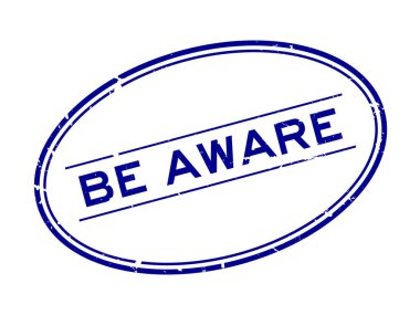 Grunge blue beyaz arka planda oval lastik mühür sözcüğünün farkında ol