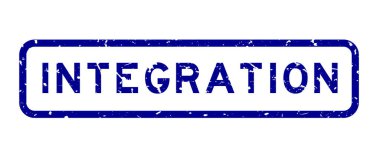 Grunge mavi entegrasyon sözcüğü beyaz arka planda kare kauçuk mühür