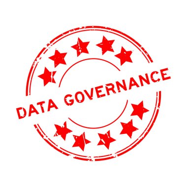 Grunge kırmızı kelime veri yönetimi beyaz arkaplanda yıldız simgesi yuvarlak lastik mühür ile