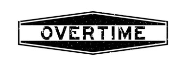 Grunge siyah fazla mesai kelime altıgen lastik mühür beyaz arka planda