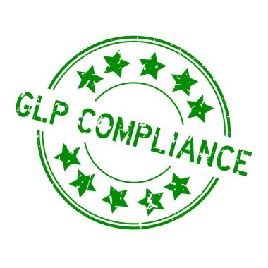 Grunge Green GLP (İyi laboratuvar uygulamasının kısaltması) beyaz arkaplanda yıldız simgesi yuvarlak lastik mühür ile uyumlu kelime