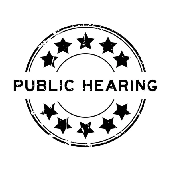 白色背景上印有星形圆形橡胶印章的Grunge黑色公众听觉词 — 图库矢量图片