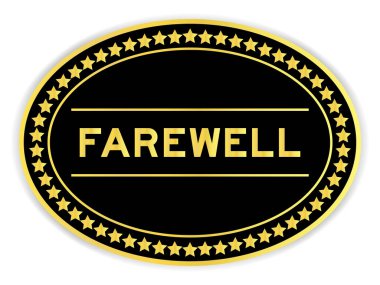 Siyah ve altın rengi oval etiket, beyaz arka planda elveda yazılı.