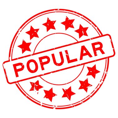 Beyaz arka planda yıldız simgesi yuvarlak lastik mühür damgalı Grunge kırmızı popüler kelime