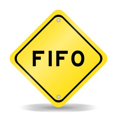 Beyaz arkaplanda FIFO sözcüğüyle sarı renk taşıma işareti (ilk çıkış için kısaltma)