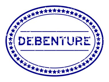 Beyaz arka planda Grunge blue debenture sözcüğü oval lastik mühür