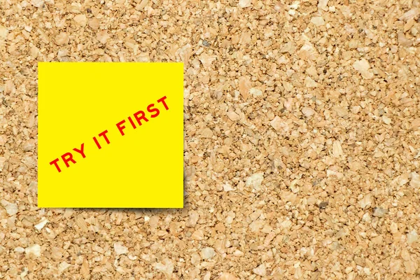 Yellow Note Paper Word Try First Cork Board Background Copy — Stock Photo, Image