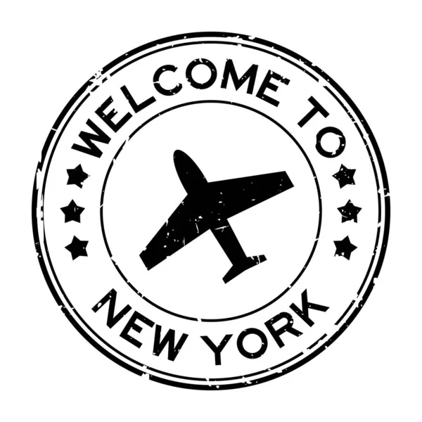 Grunge Μαύρο Καλωσόρισμα Στη Νέα Υόρκη Αεροπλάνο Εικονίδιο Στρογγυλό Καουτσούκ — Διανυσματικό Αρχείο