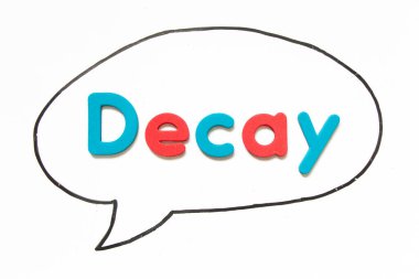 Beyaz tahta arka planında balon konuşması olarak siyah çizgili kelime bozunması içeren alfabe harfi