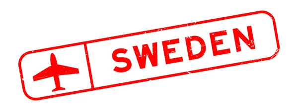 白地に飛行機のアイコン正方形のゴムシールスタンプと緑の赤いスウェーデン語 — ストックベクタ