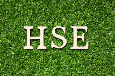 HSE (Sağlık, Güvenlik, Çevre kısaltması) kelimesindeki ahşap alfabe harfi yapay yeşil çimen arka planı üzerine