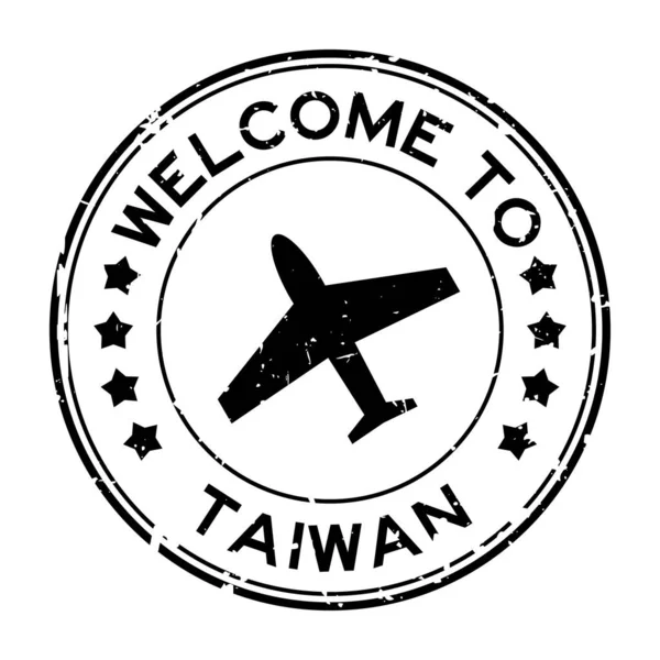Grunge Svart Välkommen Till Taiwan Med Flygplan Ikon Rund Gummi — Stock vektor