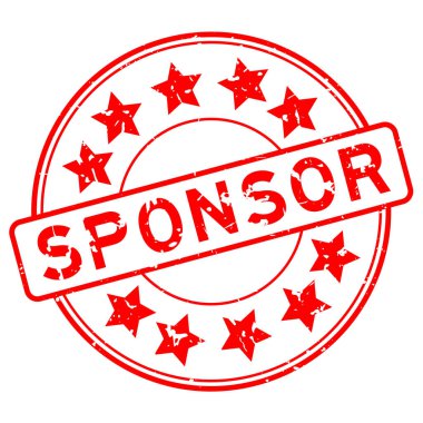 Grunge kırmızı sponsor kelime yıldız simgesi yuvarlak lastik mühür beyaz arka planda