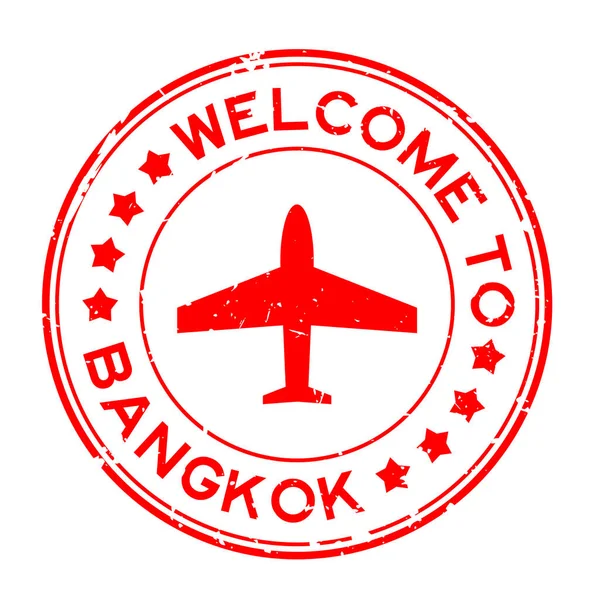 白い背景に飛行機のアイコンラウンドゴムシールスタンプとバンコクにグラウンジ赤歓迎 — ストックベクタ