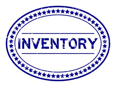 Grunge mavi envanter sözcüğü oval lastik mühür beyaz arka planda