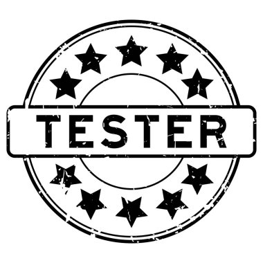 Beyaz arka planda yıldız simgesi yuvarlak lastik mühür damgalı Grunge siyah test sözcüğü