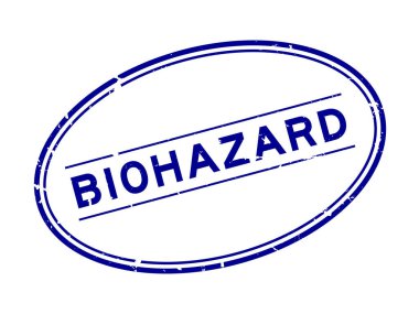 Grunge blue biohazard sözcüğü oval lastik mühür beyaz arka planda