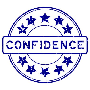Grunge blue confidence word with star icon round rubber seal stamp on white background clipart