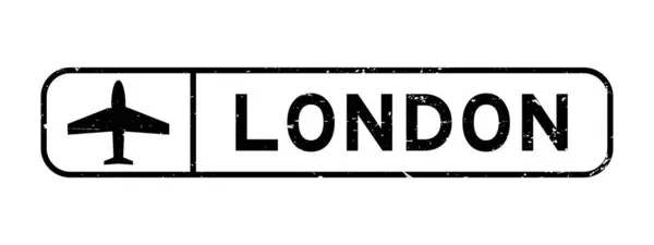 Grunge Black London Word Mit Plane Icon Square Rubber Seal — Stockvektor