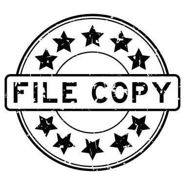 Grunge siyah dosya kopyalama sözcüğü beyaz arkaplanda yıldız simgesi yuvarlak lastik mühür ile