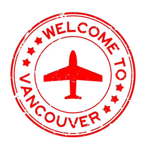 Grunge Vert Bienvenue Vancouver Mot Avec Icône Plane Rond Tampon — Image vectorielle