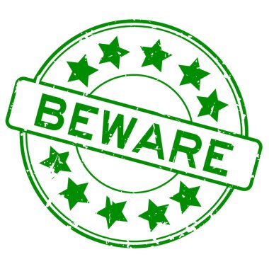 Grunge yeşil kelime dikkat yıldız simgesi yuvarlak lastik mühür beyaz arka planda