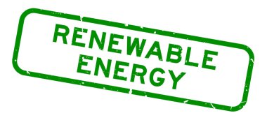 Grunge yeşil yenilenebilir enerji sözcüğü kare plastik mühür beyaz arka planda