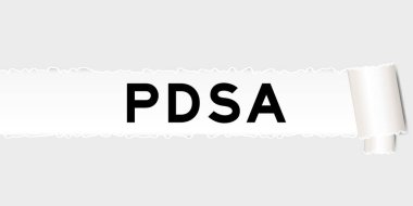 Parçalanmış parça altında PDSA sözcüğüne sahip yırtılmış gri kağıt arkaplanı (çalışma eylemi planının kısaltması)