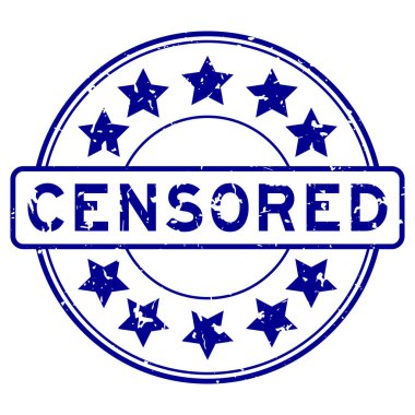 Grunge mavi sansürlenmiş kelime. Beyaz arkaplanda yıldız simgesi yuvarlak lastik mühür damgası var.