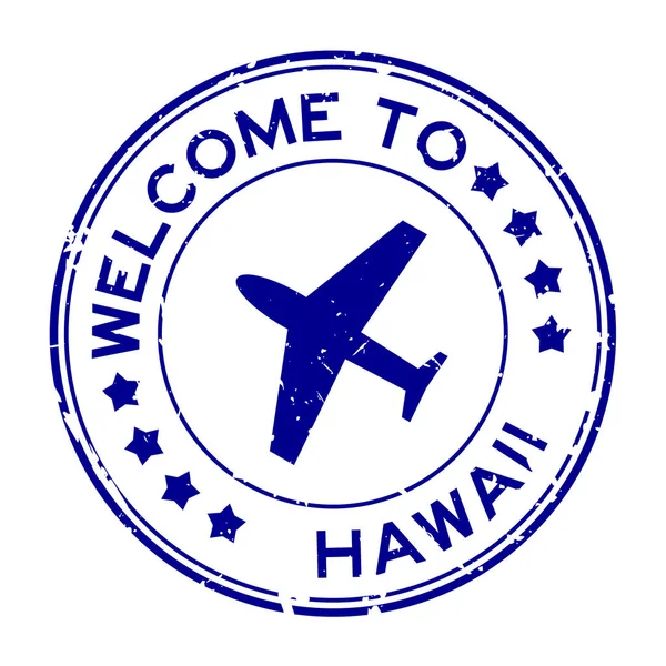 Grunge Blue Welcome Word Hawaii Plane Icon Rubber Seal Stamp — Stock Vector