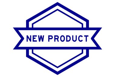 Beyaz arkaplanda yeni ürün sözcüğüyle klasik mavi renk altıgen etiket pankartı