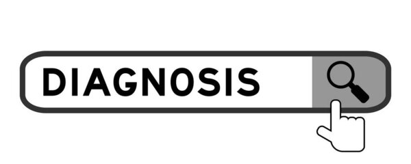 Search banner in word diagnosis with hand over magnifier icon on white background